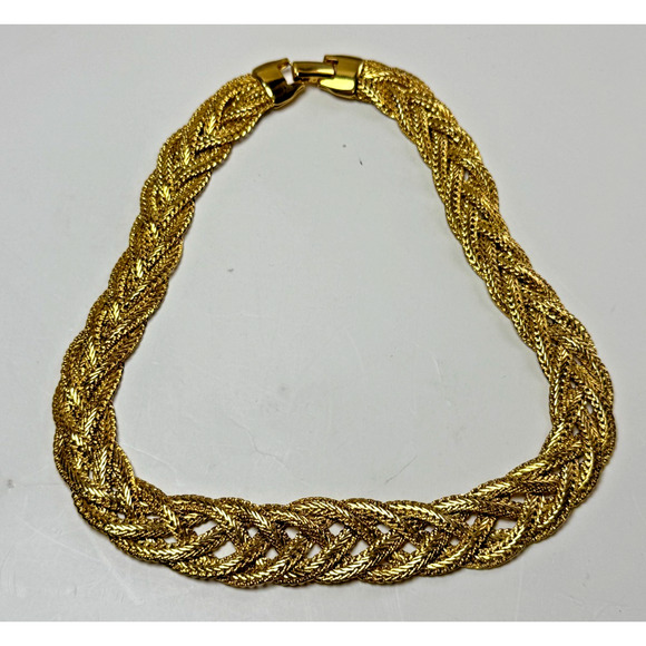 Vintage 16" Gold Tone Chunky Braided Chain Woven Collar Choker Necklace Stunning - Picture 3 of 4